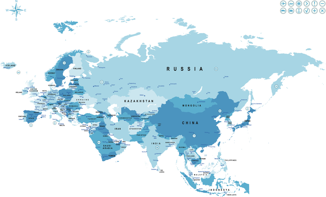 Map of Eurasia with countries and major cities marked